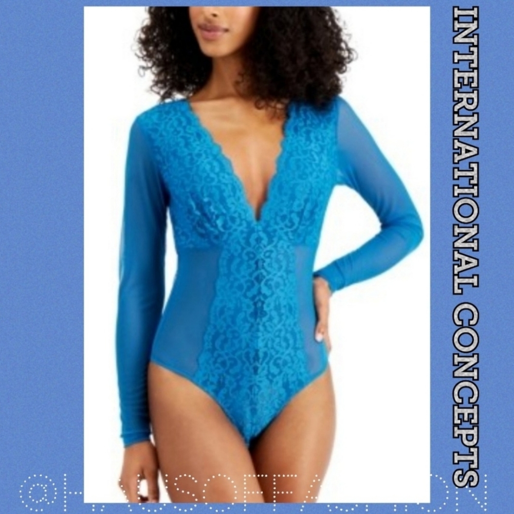 BOGO INC International Concepts Blue Mesh Lace Bodysuit! NWT!